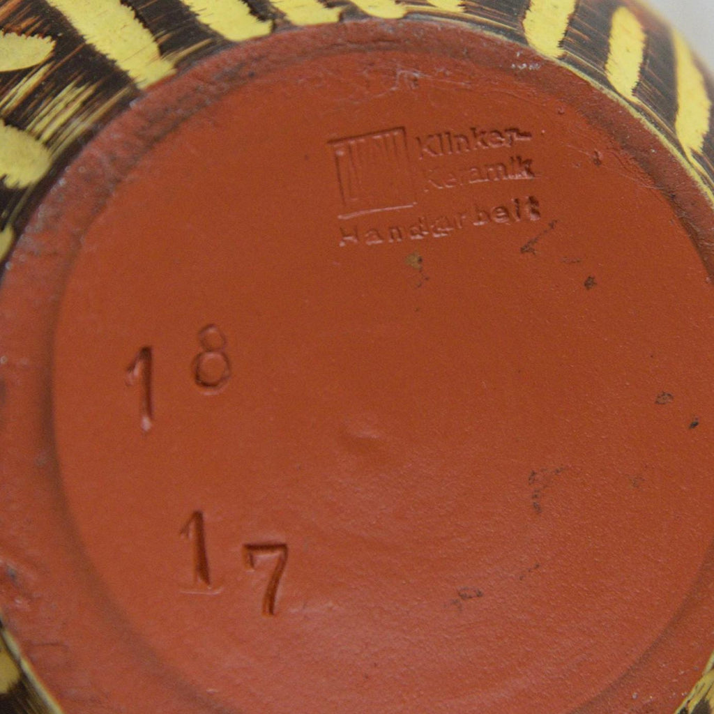 Akru Klinker 18-17 Vase West Germany, Mid Century Ceramic, Carved Geometric Decor Brown Yellow Pottery