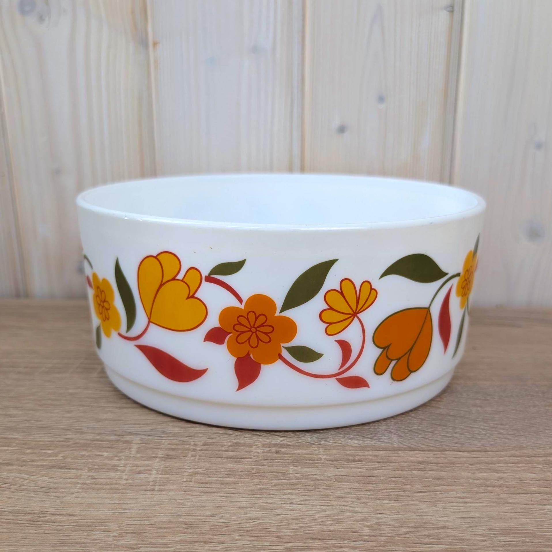Arcopal France Floral Opaline Glass Bowl Set of 2, Vintage 1970s French Milk Glass Serving Bowls, Orange Yellow Tulip Flower Kitchen Decor