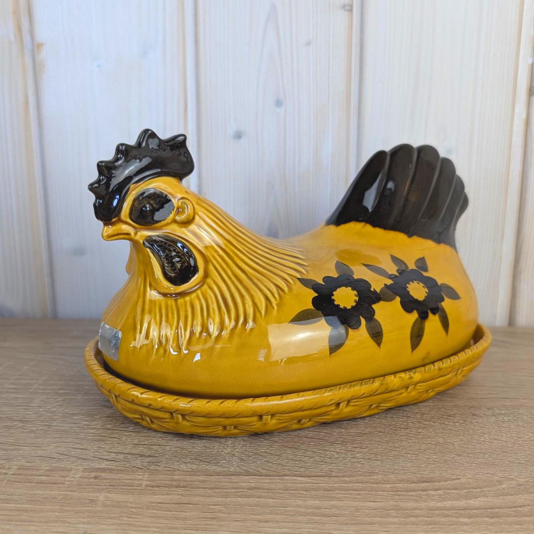 Vintage Ceramic Hen on Nest Egg Dish, Mustard Yellow Black Floral, Salt Pepper Shakers Included, German European Folk Style, 1960s 1970s