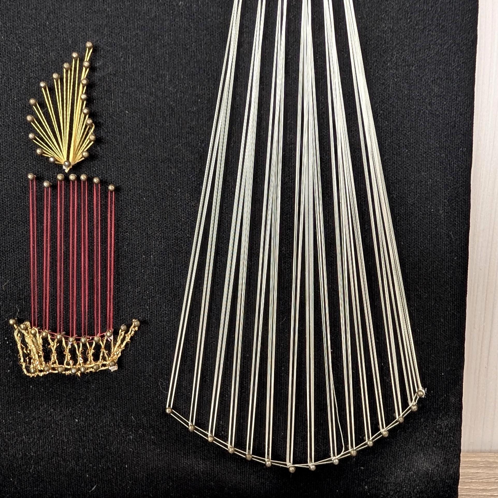 Vintage String Art Madonna with Candle, 1960s-1970s West German Wall Art, Black Velvet Religious Folk Art Panel, Gold Silver Red Thread