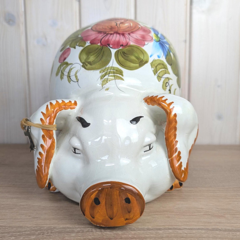 Kirsch Keramik Piggy Bank, Hand Painted Floral Ceramic, Coin Bank with Lock and Key, West German, 1960s