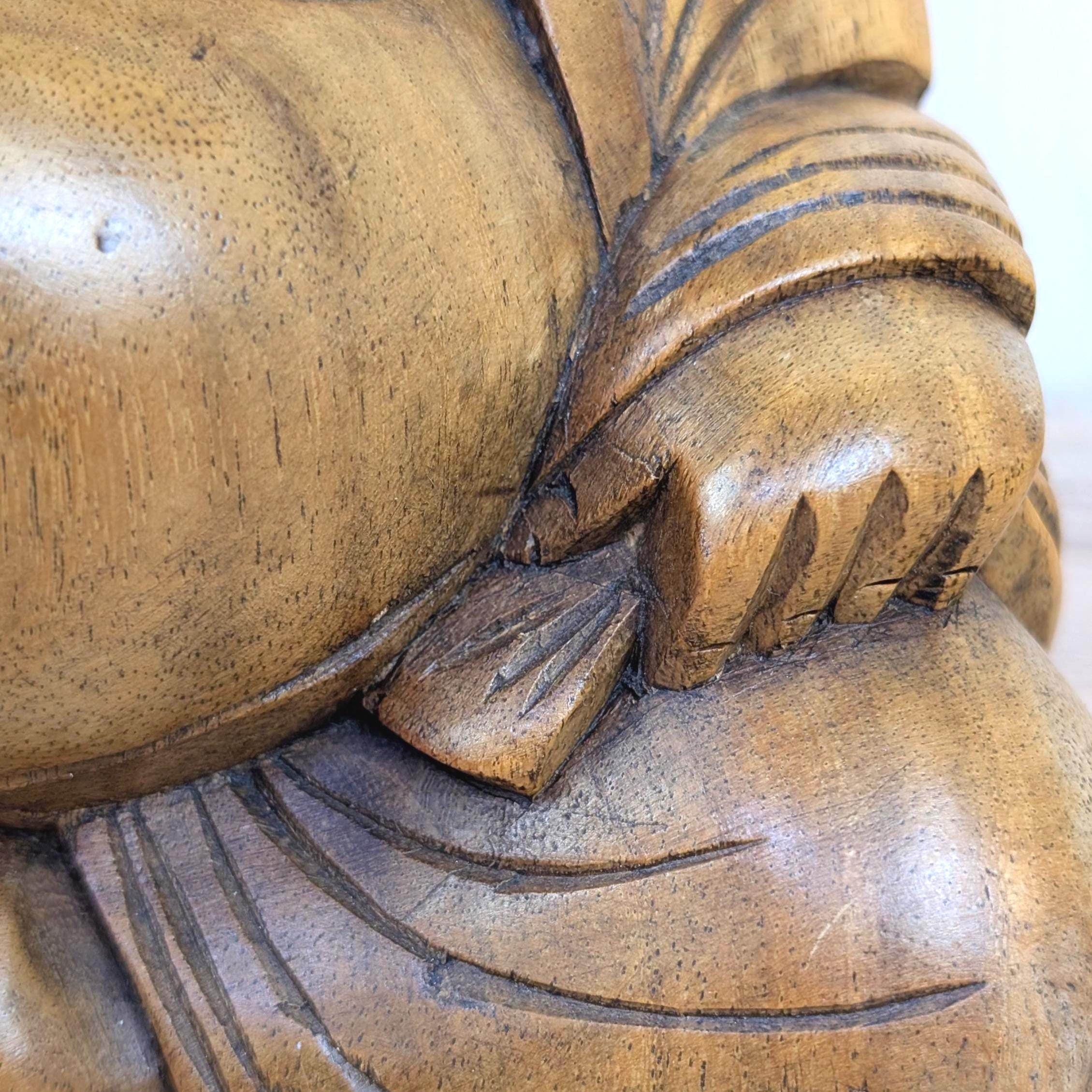 Laughing Buddha Statue Hand Carved Wood, Sitting Budai Figurine, Happiness Wealth Sculpture, Vintage Asian Folk Art, 1980s