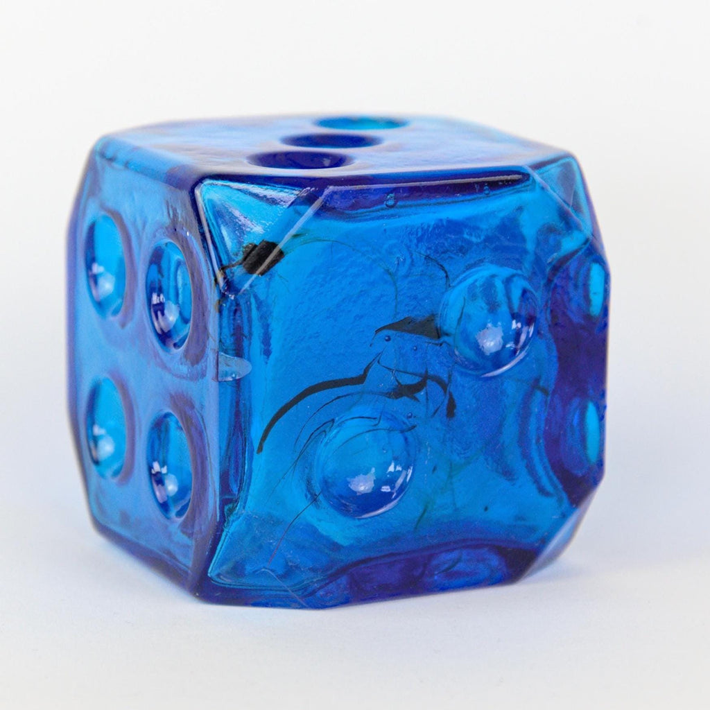 Empoli Italian Blue Glass Decanter, Cube Form, Bubble Relief, Dice Stopper, 1960s Mid-Century Art Glass Italy