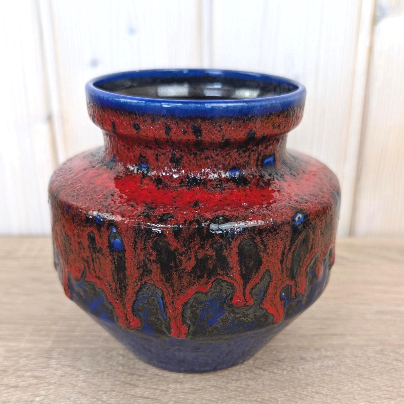 Bay Keramik Fat Lava Vase, Blue Red Drip Glaze, West Germany, Model 153-13, 1960s 1970s