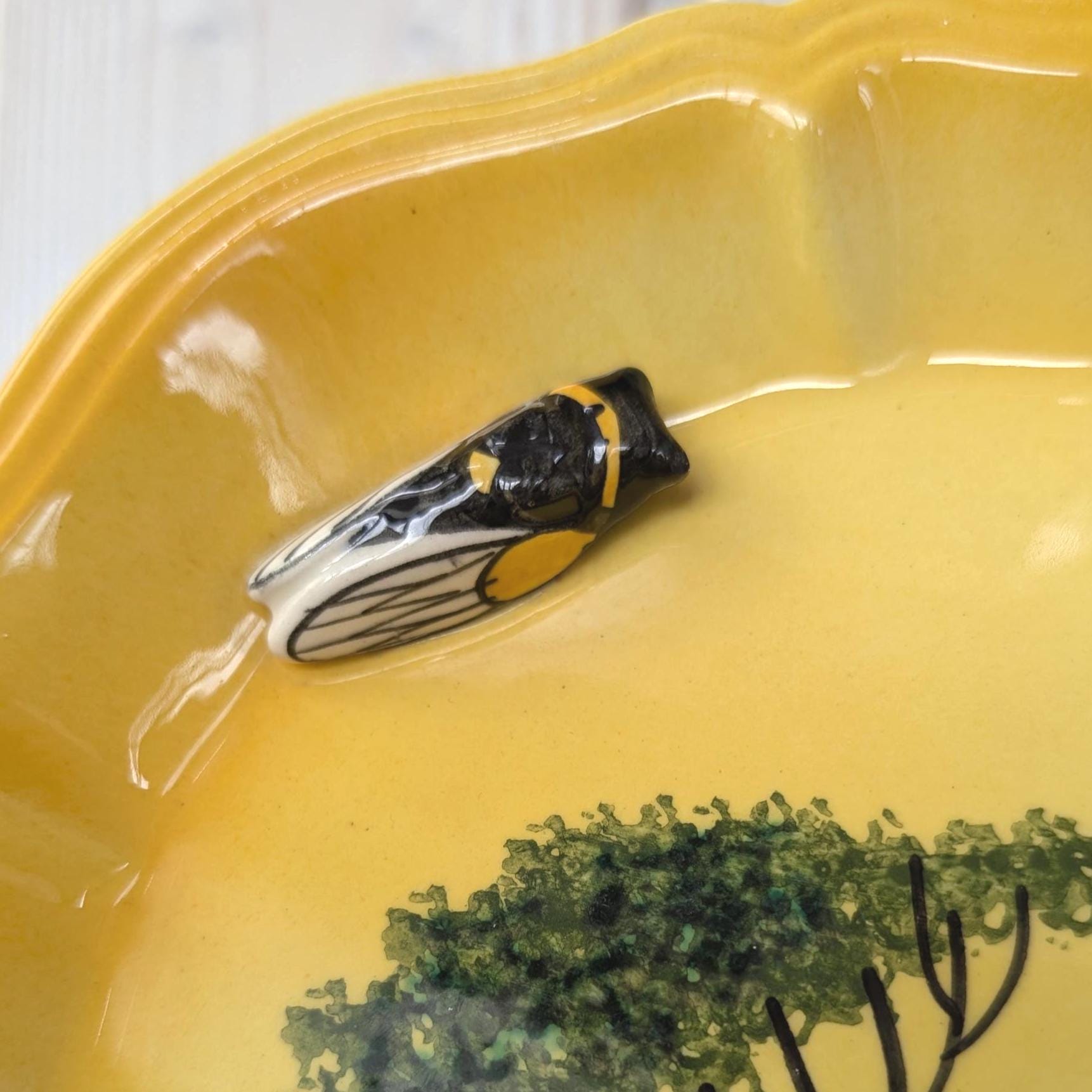 Vallauris A Ferlay Yellow Ceramic Platter with 3D Cicada, Provencal Landscape, French Pottery 1950s, Wall Decor or Serving Dish
