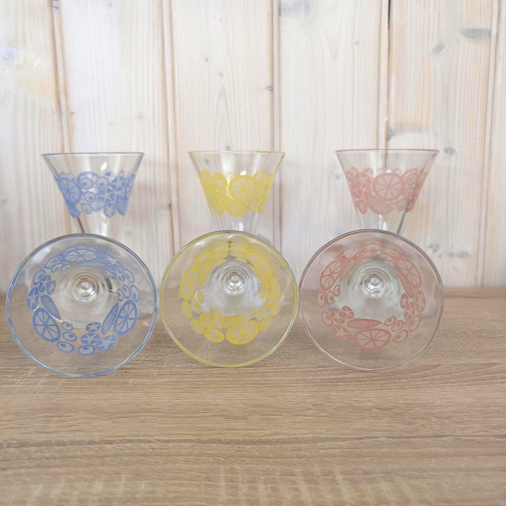Vintage DDR East German Pastel Citrus Ice Cream Glasses Set of 6, Footed Sundae Glasses Blue Yellow Pink, 1950s 1960s Retro Barware