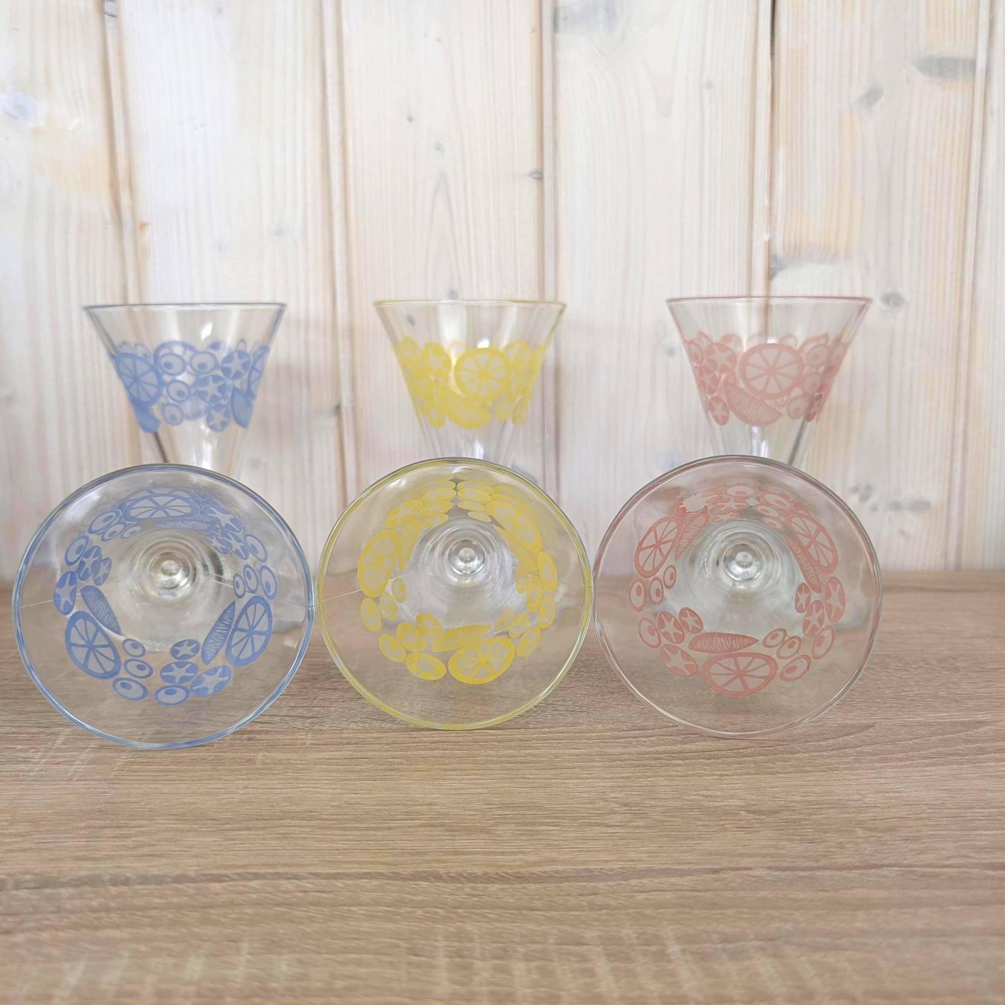 Vintage DDR East German Pastel Citrus Ice Cream Glasses Set of 6, Footed Sundae Glasses Blue Yellow Pink, 1950s 1960s Retro Barware