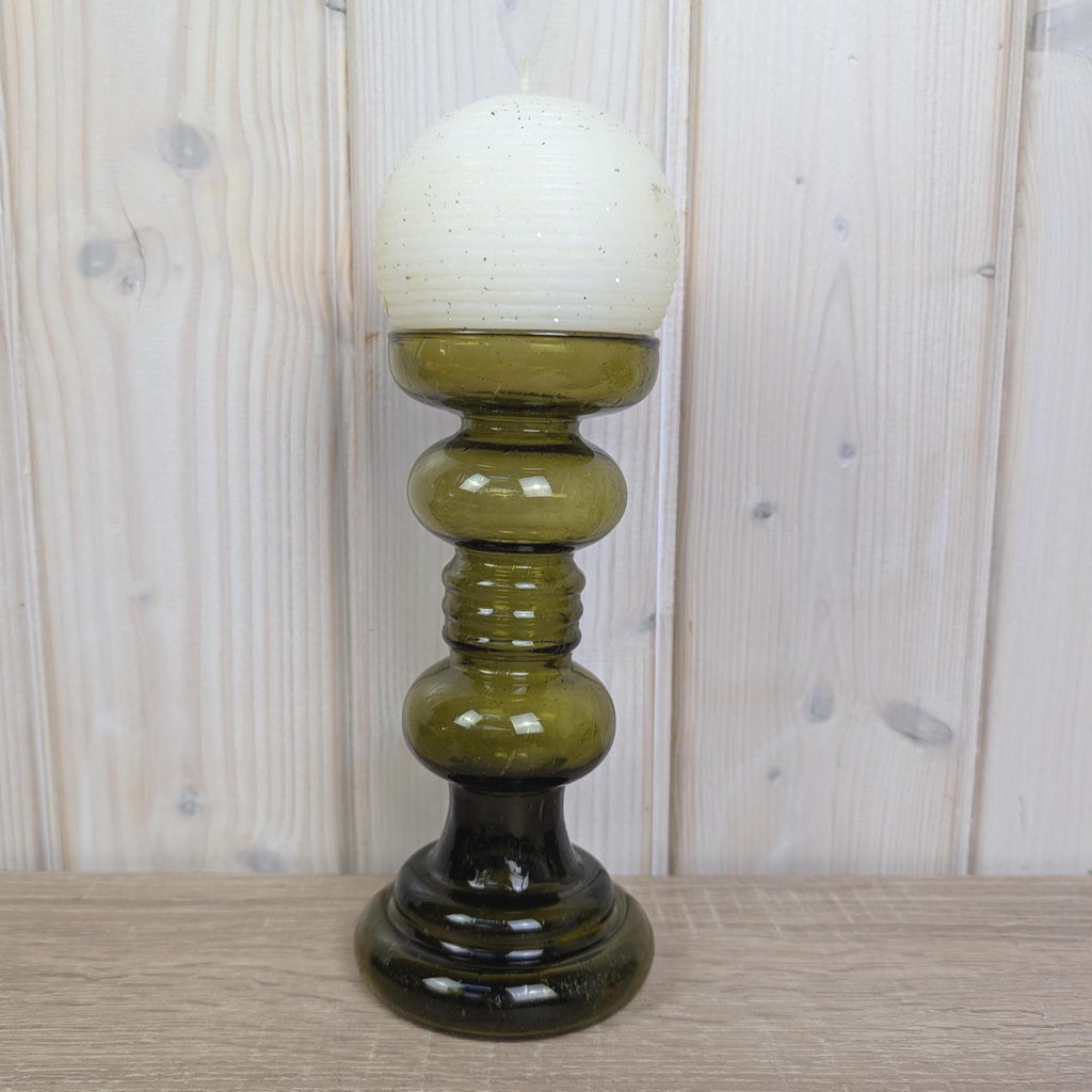 Vintage olive green glass vase candleholder, handblown art glass, Ingrid Glas, Germany, 1970s