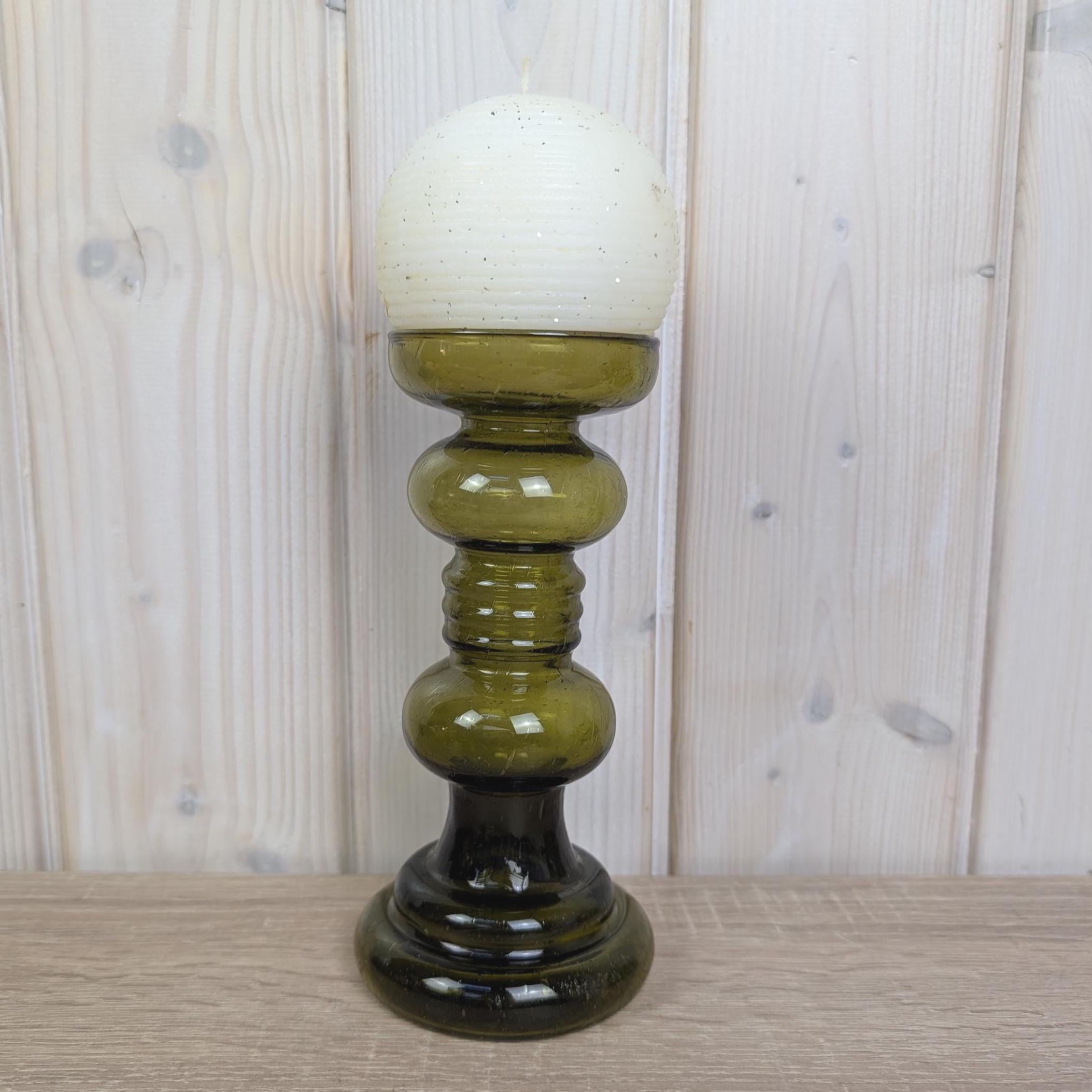 Vintage olive green glass vase candleholder, handblown art glass, Ingrid Glas, Germany, 1970s