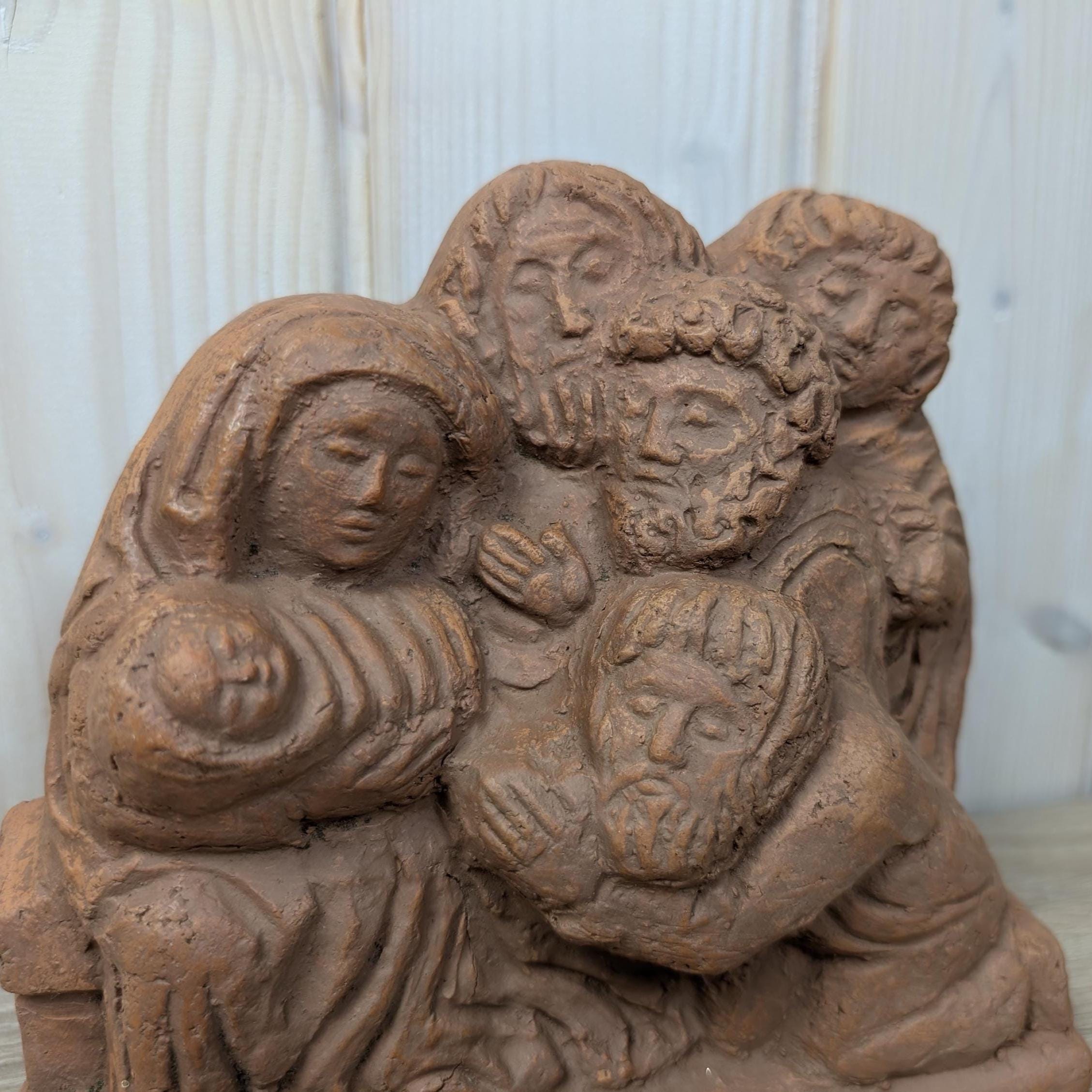 Terracotta nativity sculpture, handmade European studio piece, 1975 dated