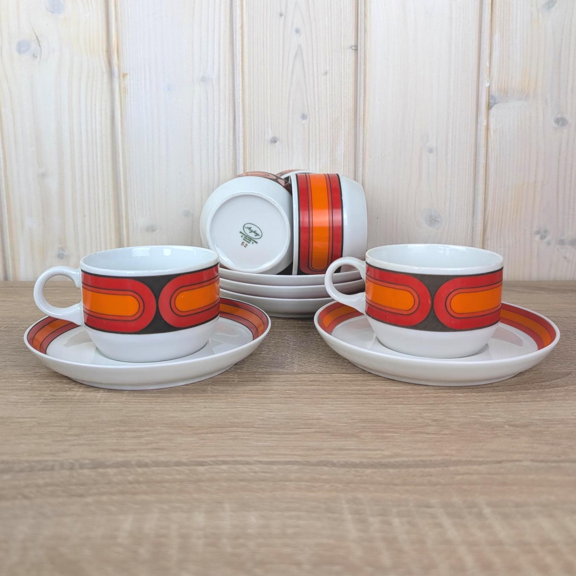 Arzberg Sizilia 3000 Cup and Saucer, Hans Theo Baumann, Orange Red, 1970s German Porcelain, Set of 5