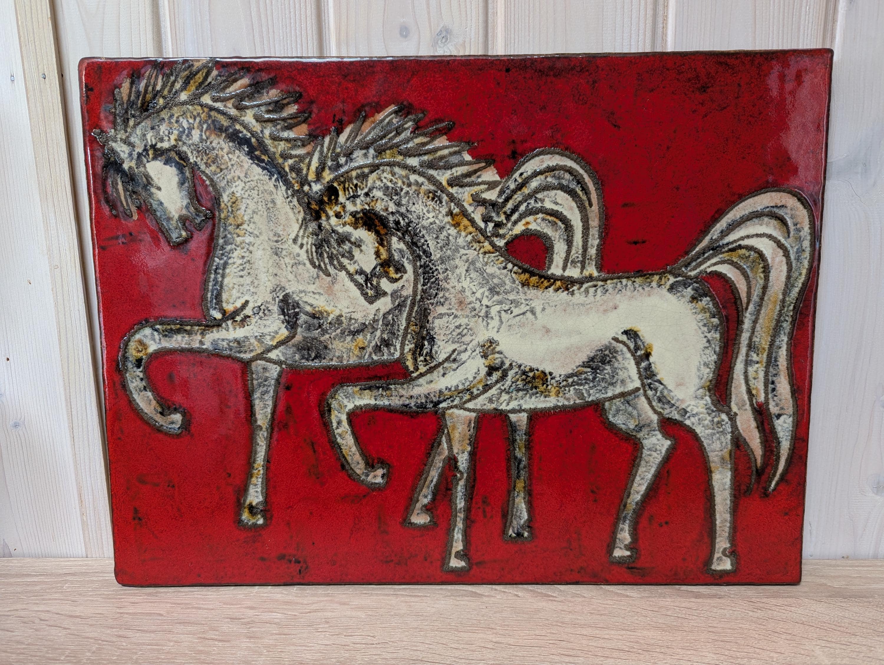 1970 Ruscha White Horses Wall Hanging Vintage German Ceramic Art Mid Century Deco