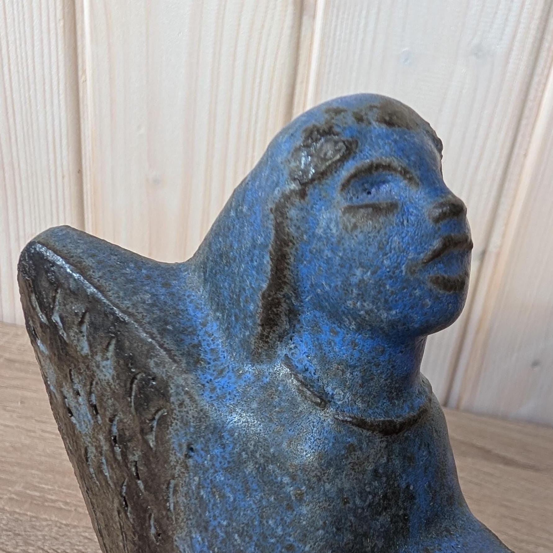 Vintage Stoneware Angel Candle Holder, Blue Glaze, Scandinavian Decor