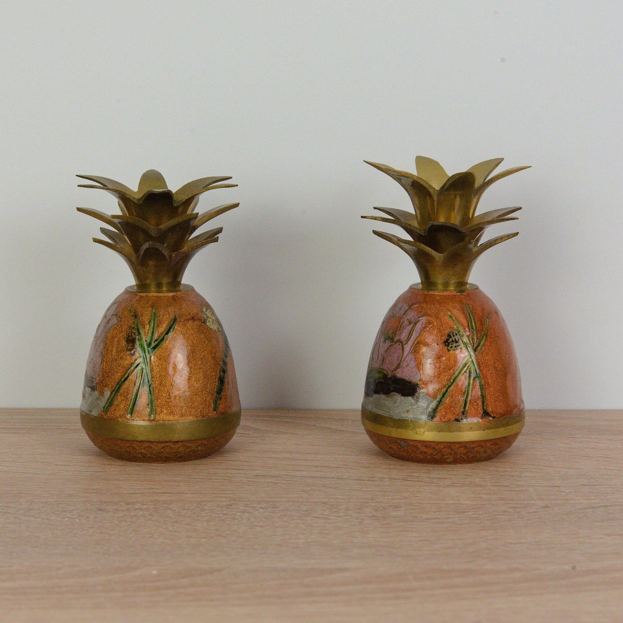 Adorable Cloisonné Pineapple Candle Holders - Vintage - Brass- Dragonfly & Flowers Enamel
