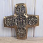 Vintage Bronze Wall Cross, Five Mysteries Relief, Religious Cast Bronze, 1960s