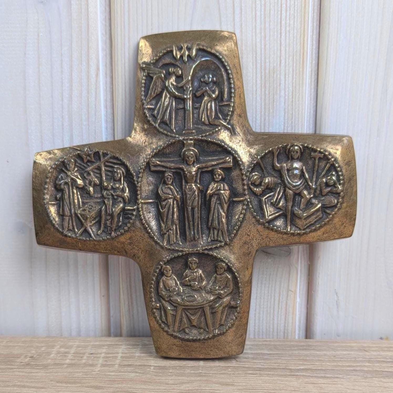Vintage Bronze Wall Cross, Five Mysteries Relief, Religious Cast Bronze, 1960s