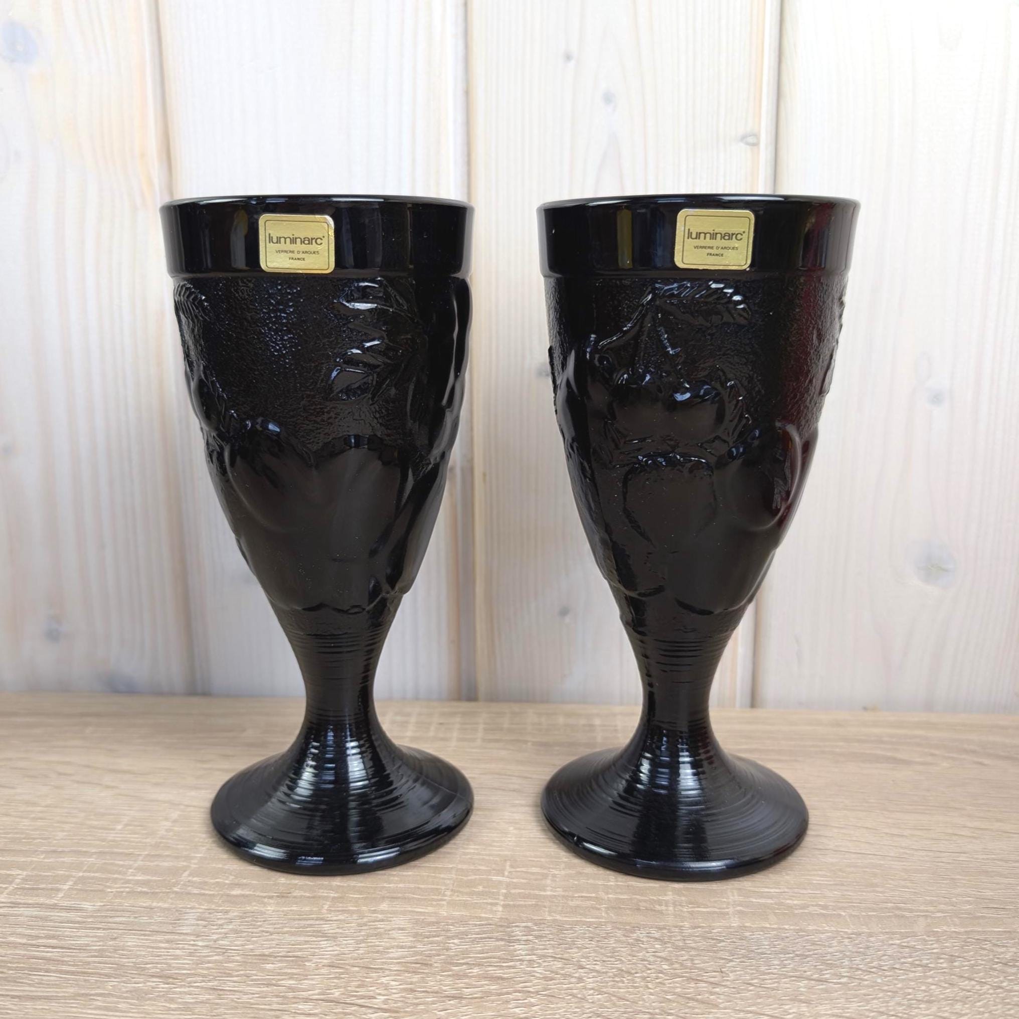Luminarc Black Glass Goblets, Set of 2, Embossed Fruit Motif, Made in France, 1970s Vintage Barware