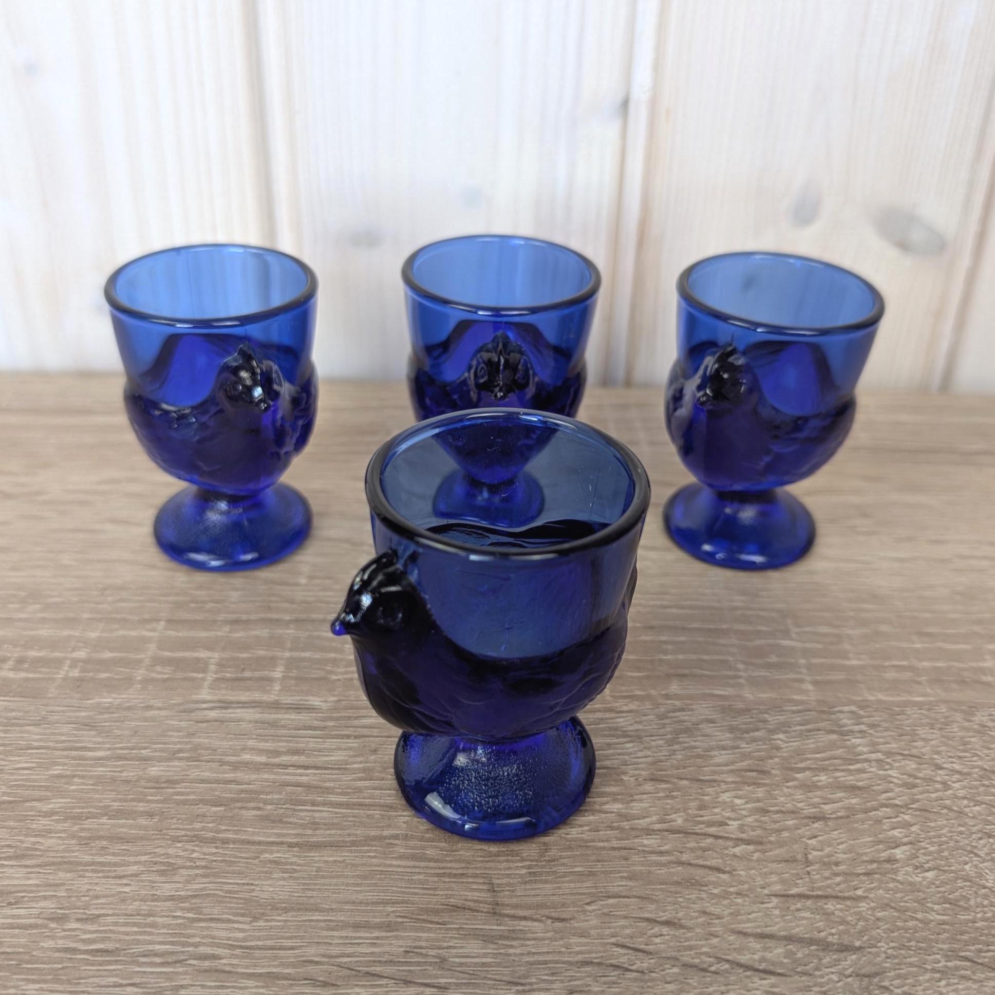 Cobalt Blue Bird Egg Cups, Glass Arcoroc France, Vintage Tableware, 1970s