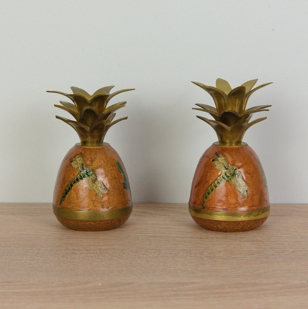 Adorable Cloisonné Pineapple Candle Holders - Vintage - Brass- Dragonfly & Flowers Enamel