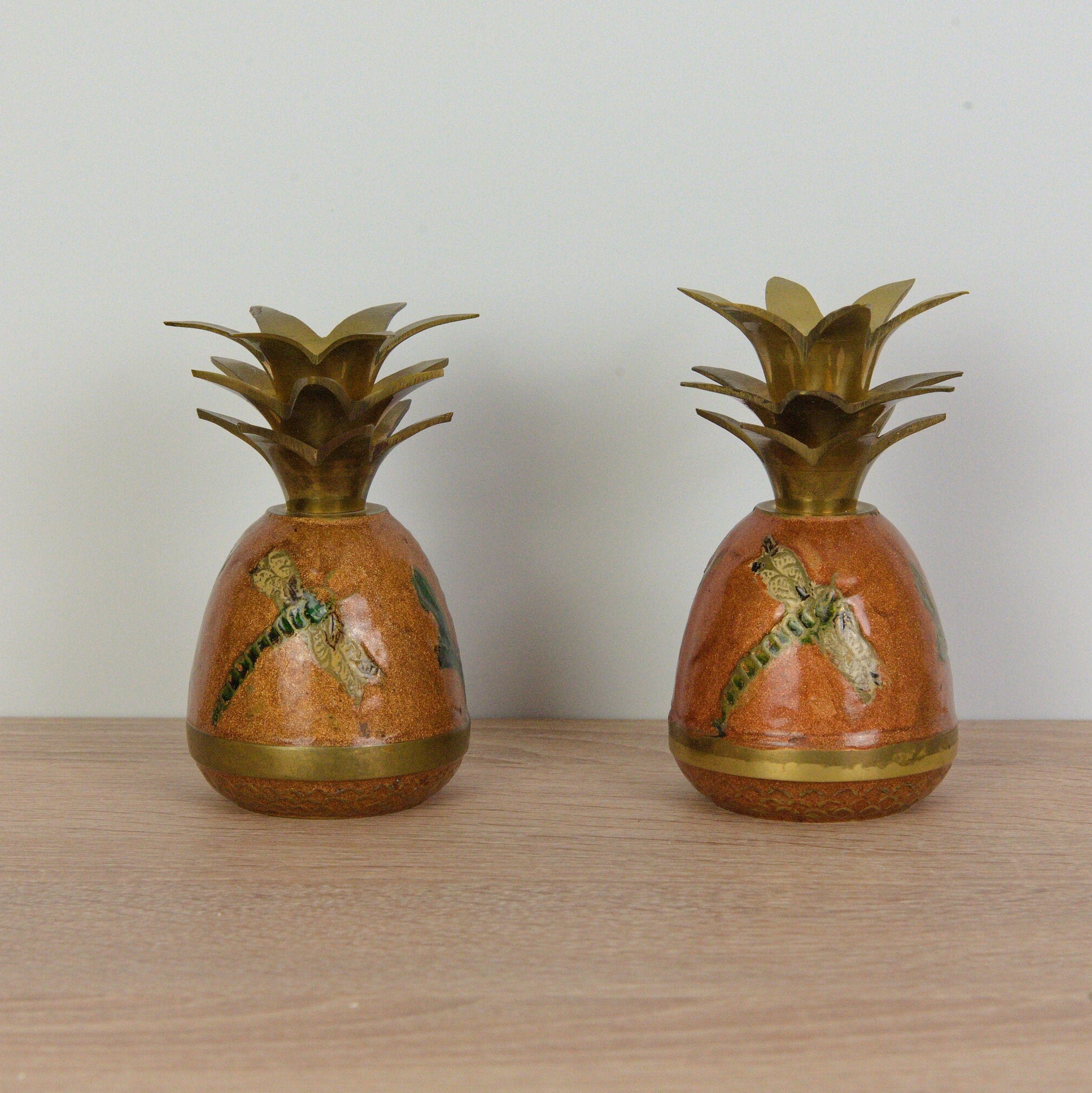 Adorable Cloisonné Pineapple Candle Holders - Vintage - Brass- Dragonfly & Flowers Enamel