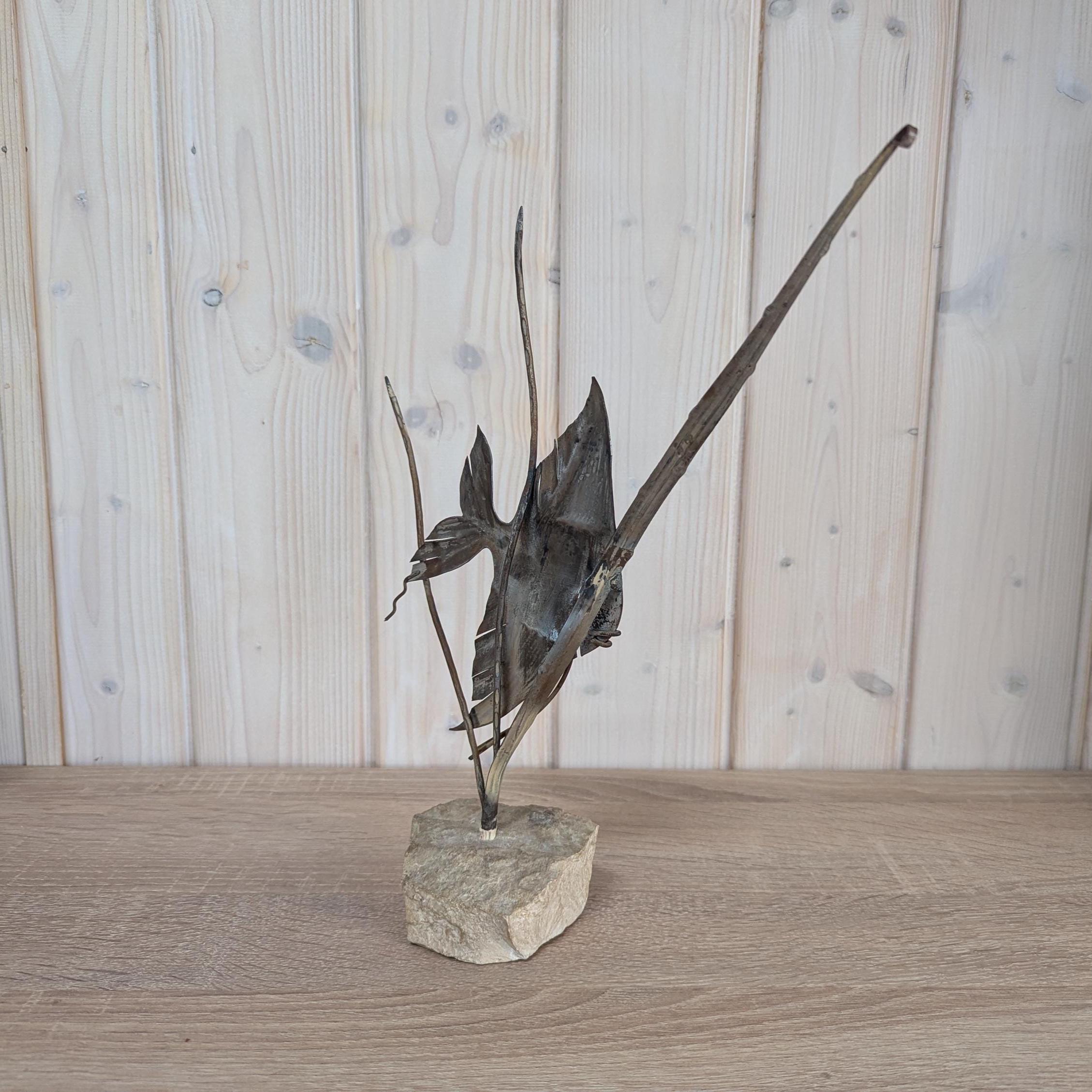 Sculpture (Moon)Fish on Stone - Vintage - Metal