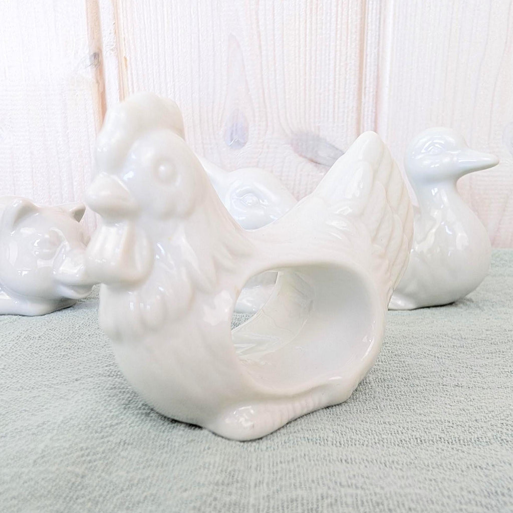Set of 4 Vintage White Ceramic Napkin Rings, Farm Animals, Rabbit Duck Pig Rooster, Made in Japan, 1970s