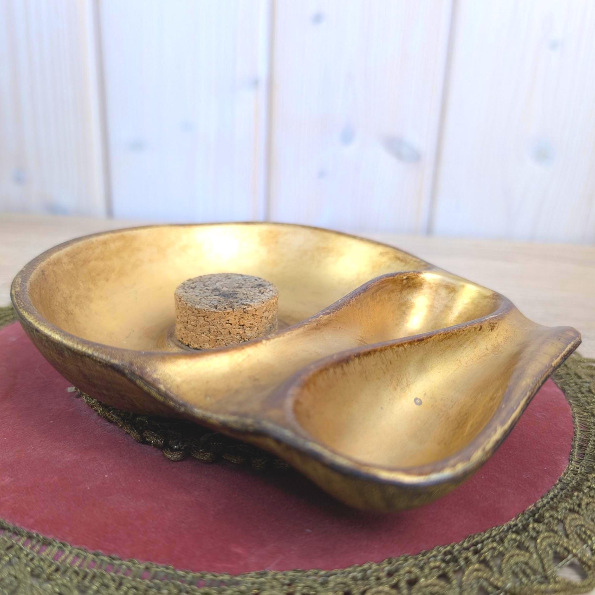 Vintage Italian Gold Ceramic Pipe Rest, Two Compartments, Cork Knocker, Made in Italy, 1960s