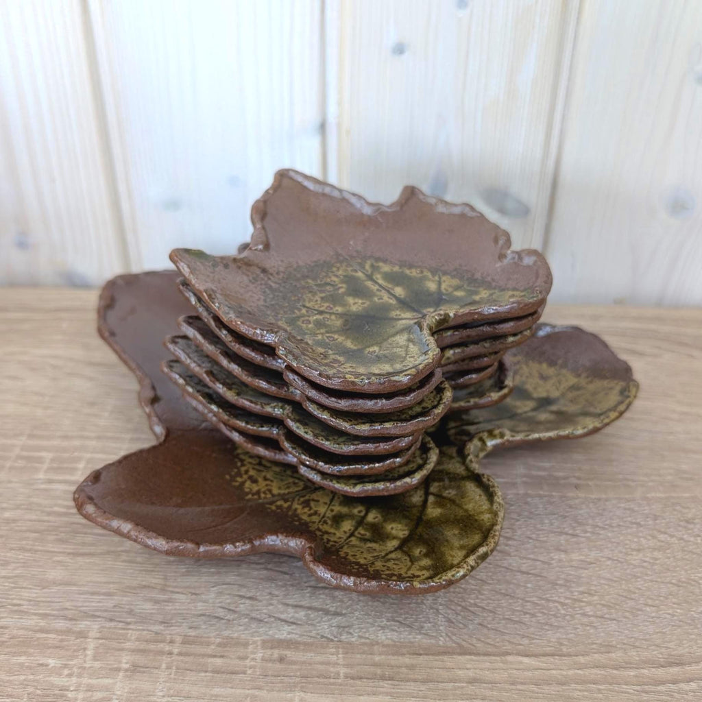 Vintage Ceramic Leaf Dish Set, Studio Pottery, 1970s Nature Inspired Serving Set