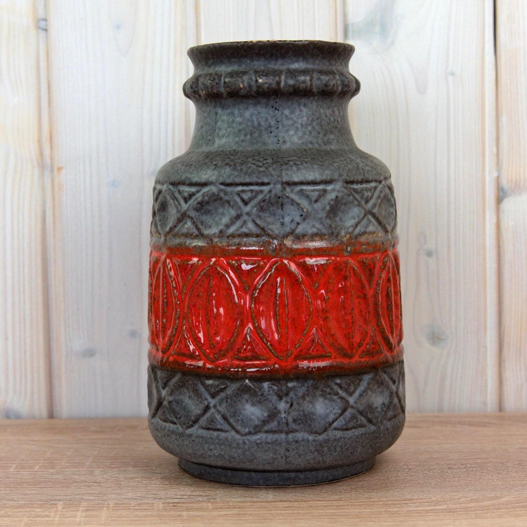 Bay Keramik 93-25 Vintage West German Pottery Jug, Mid Century Ceramic Pitcher Grey Red Relief Decor