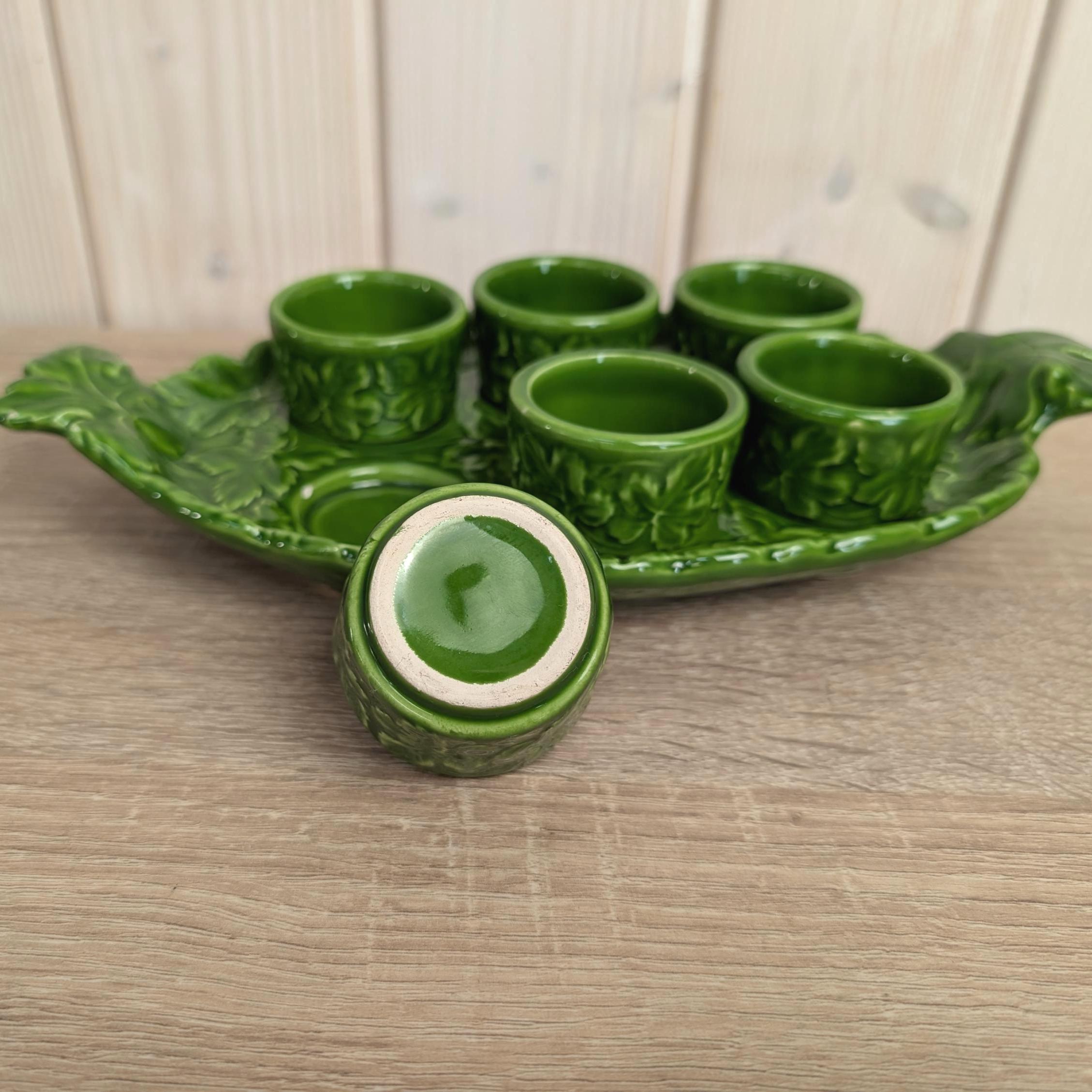 Green Ceramic Egg Cup Set, Leaf Tray with Cutlery, Vintage Kitchen Decor, 1970s