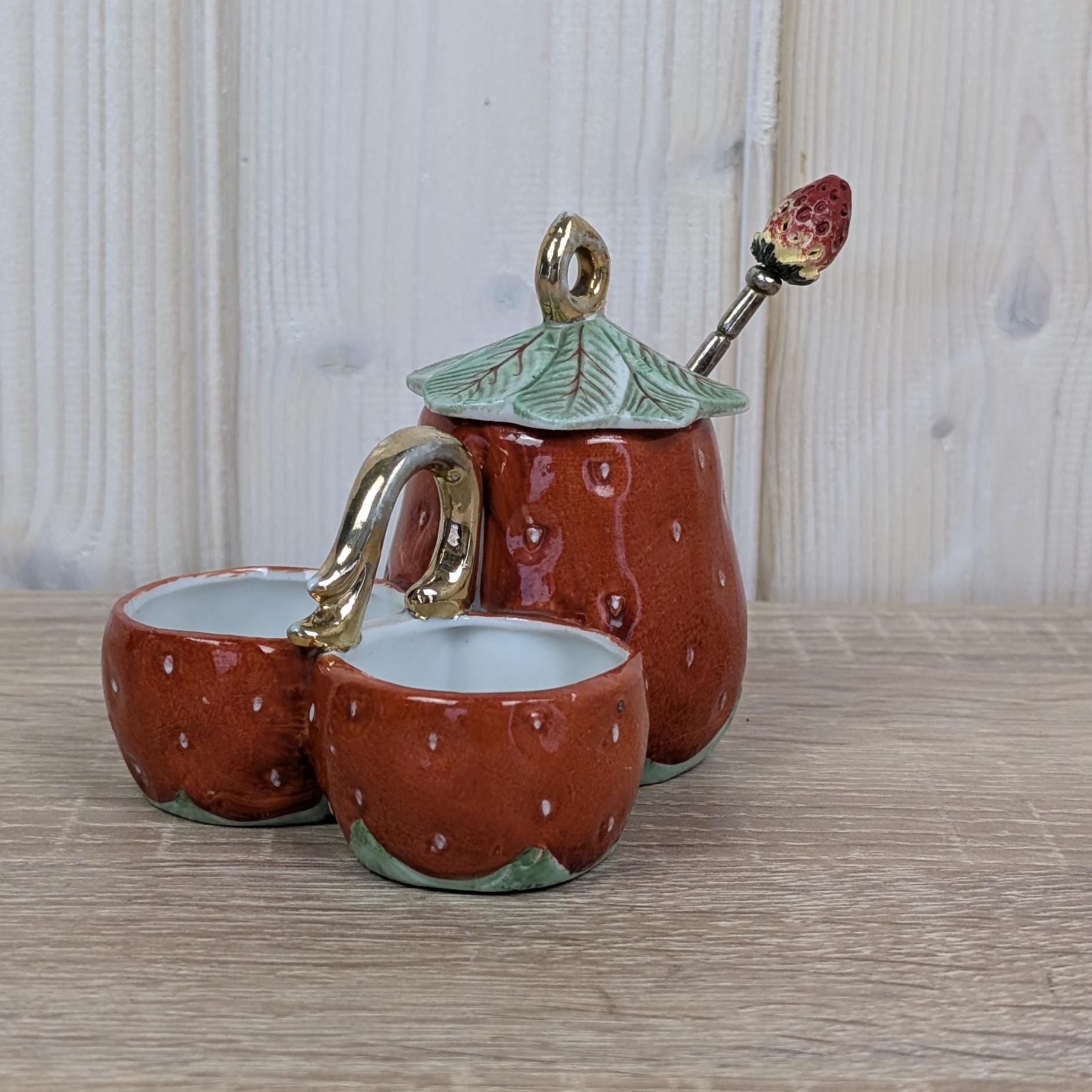 Vintage Strawberry Salt Pepper Sugar Set, Ceramic Tableware, Europe, Mid Century