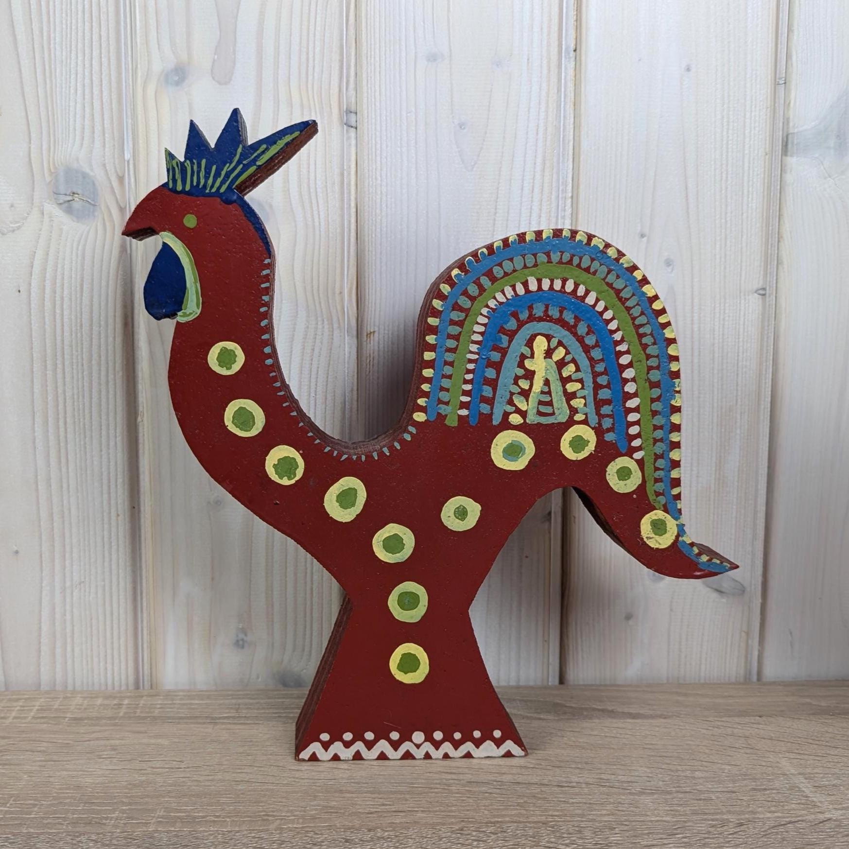 Large Hand Painted Wooden Rooster Sculptures, Folk Art Decor, Scandinavian Style, Late 20th Century