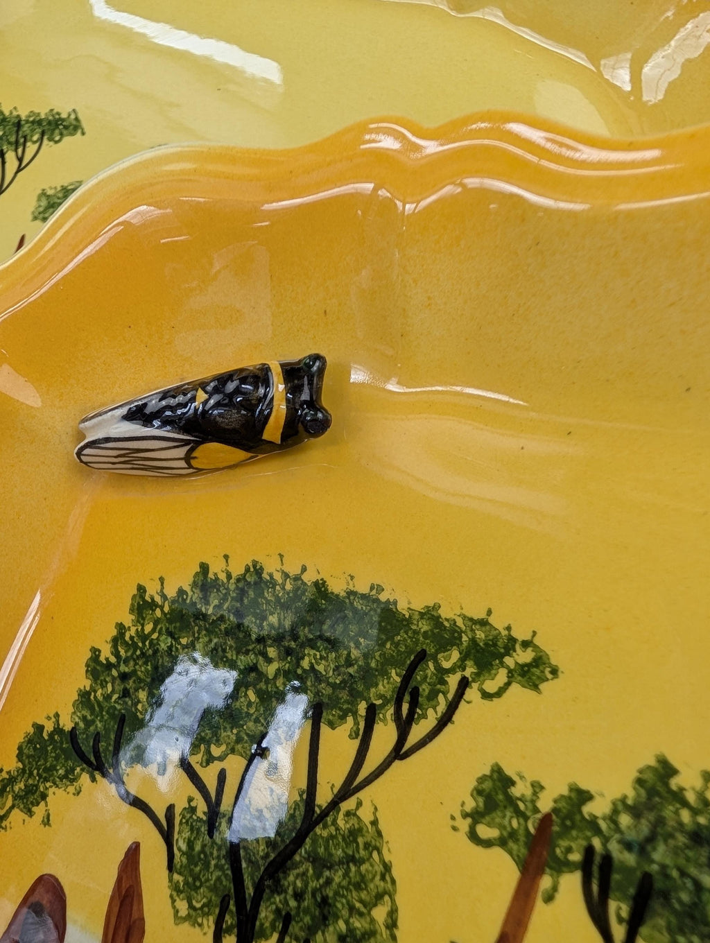 Vallauris A Ferlay Yellow Ceramic Platter with 3D Cicada, Provencal Landscape, French Pottery 1950s, Wall Decor or Serving Dish