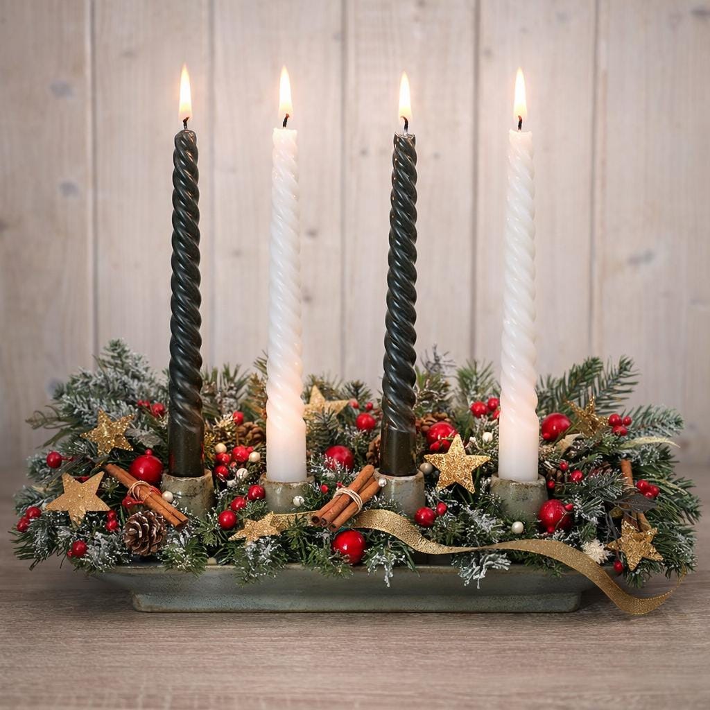 Ceramic Advent Candle Holder 4 Candles, Stoneware Tray Candleholder, Sage Green Reactive Glaze, Christmas Table Decor