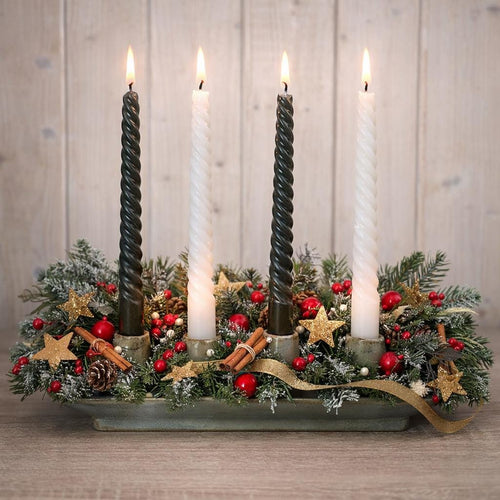 Ceramic Advent Candle Holder 4 Candles, Stoneware Tray Candleholder, Sage Green Reactive Glaze, Christmas Table Decor