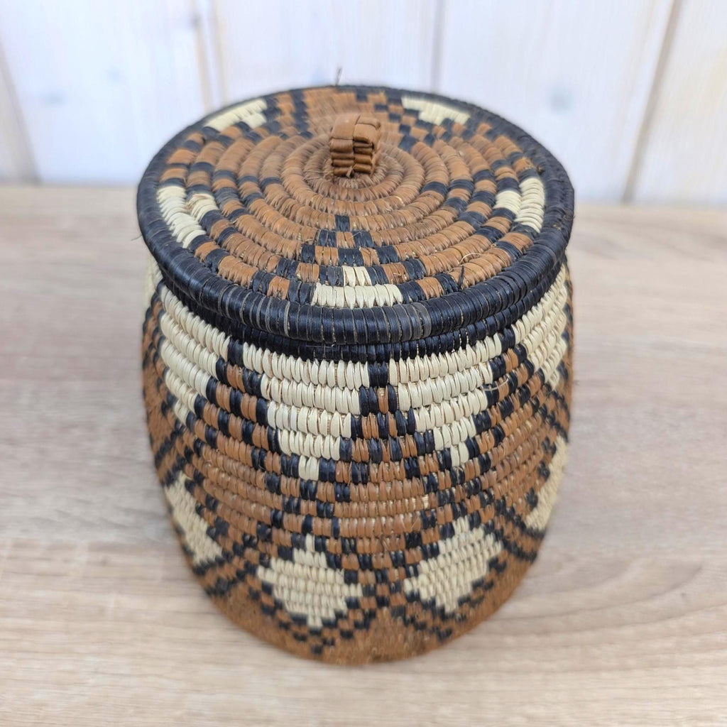 African Coiled Grass Basket with Lid, Geometric Pattern, Hand Woven, Natural Brown Black, Tribal Folk Art, 1970s 1980s