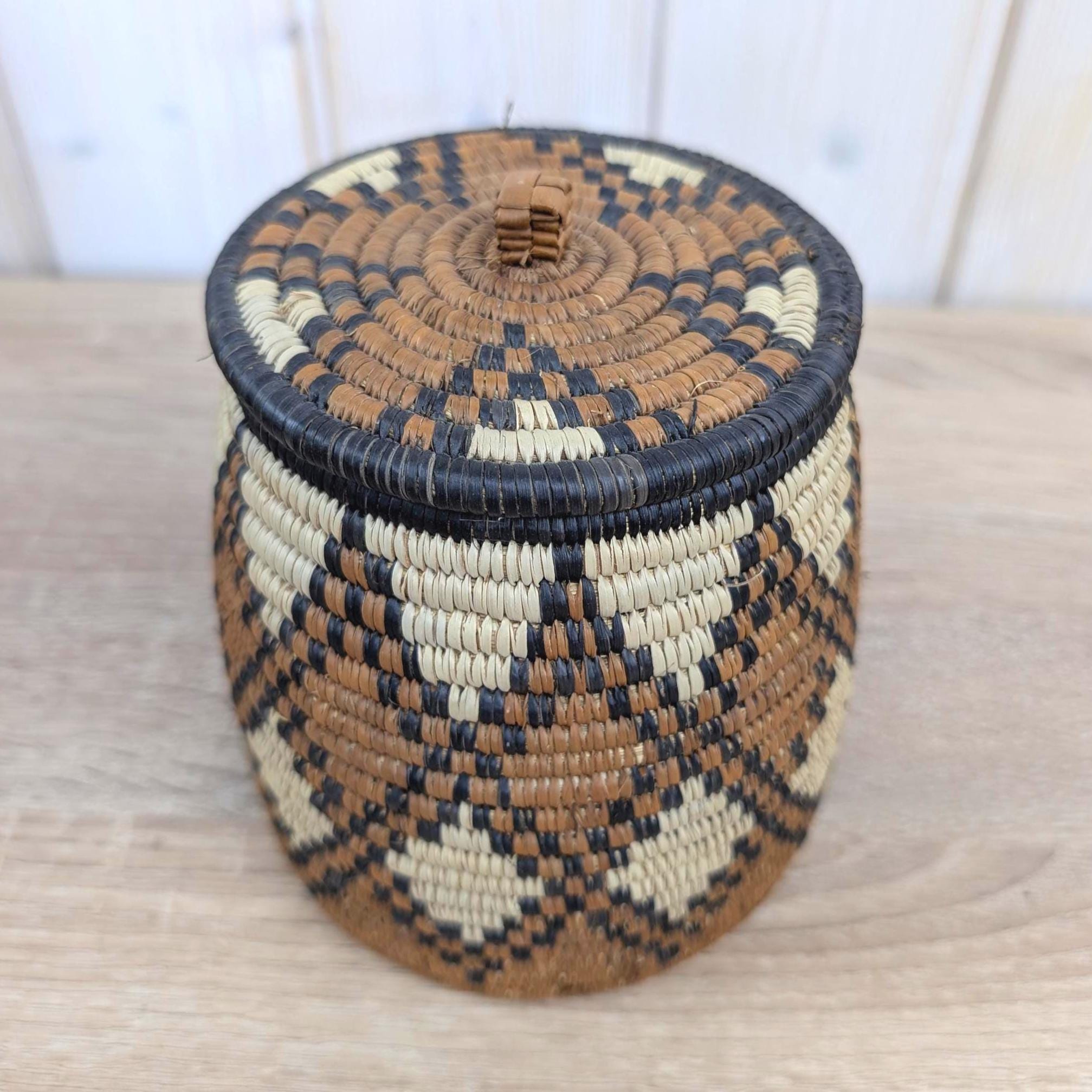 African Coiled Grass Basket with Lid, Geometric Pattern, Hand Woven, Natural Brown Black, Tribal Folk Art, 1970s 1980s