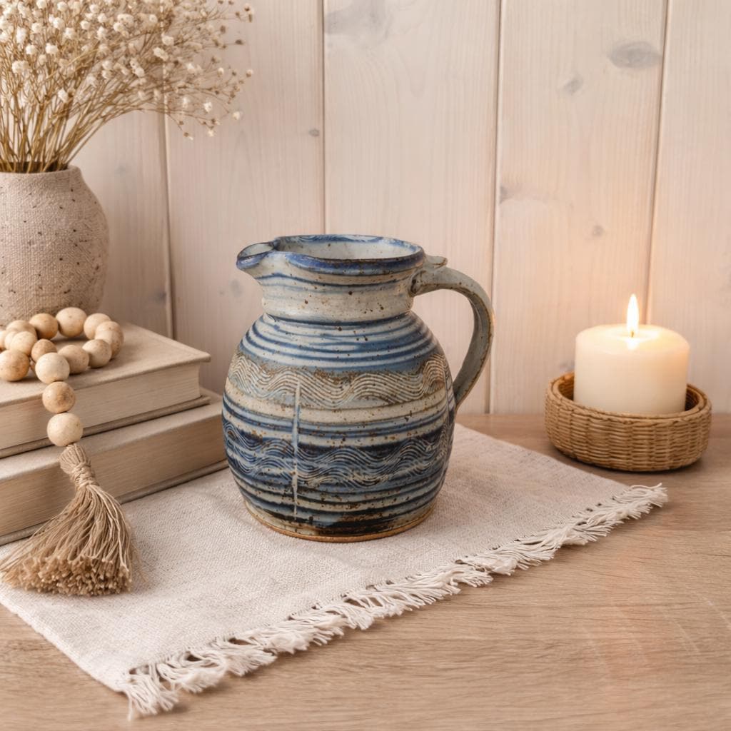 German Handarbeit Studio Pottery Jug, Blue Grey Combed Wave Decoration, Signed Stoneware Pitcher, 1970s