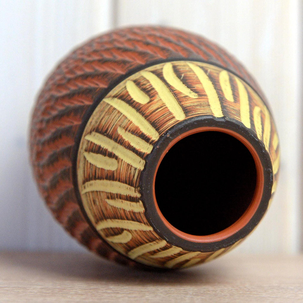 Akru Klinker 18-17 Vase West Germany, Mid Century Ceramic, Carved Geometric Decor Brown Yellow Pottery