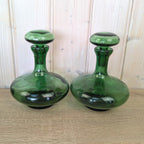 Empoli Green Glass Decanter Set with Stoppers and Wicker Basket Carrier, Italy 1960s