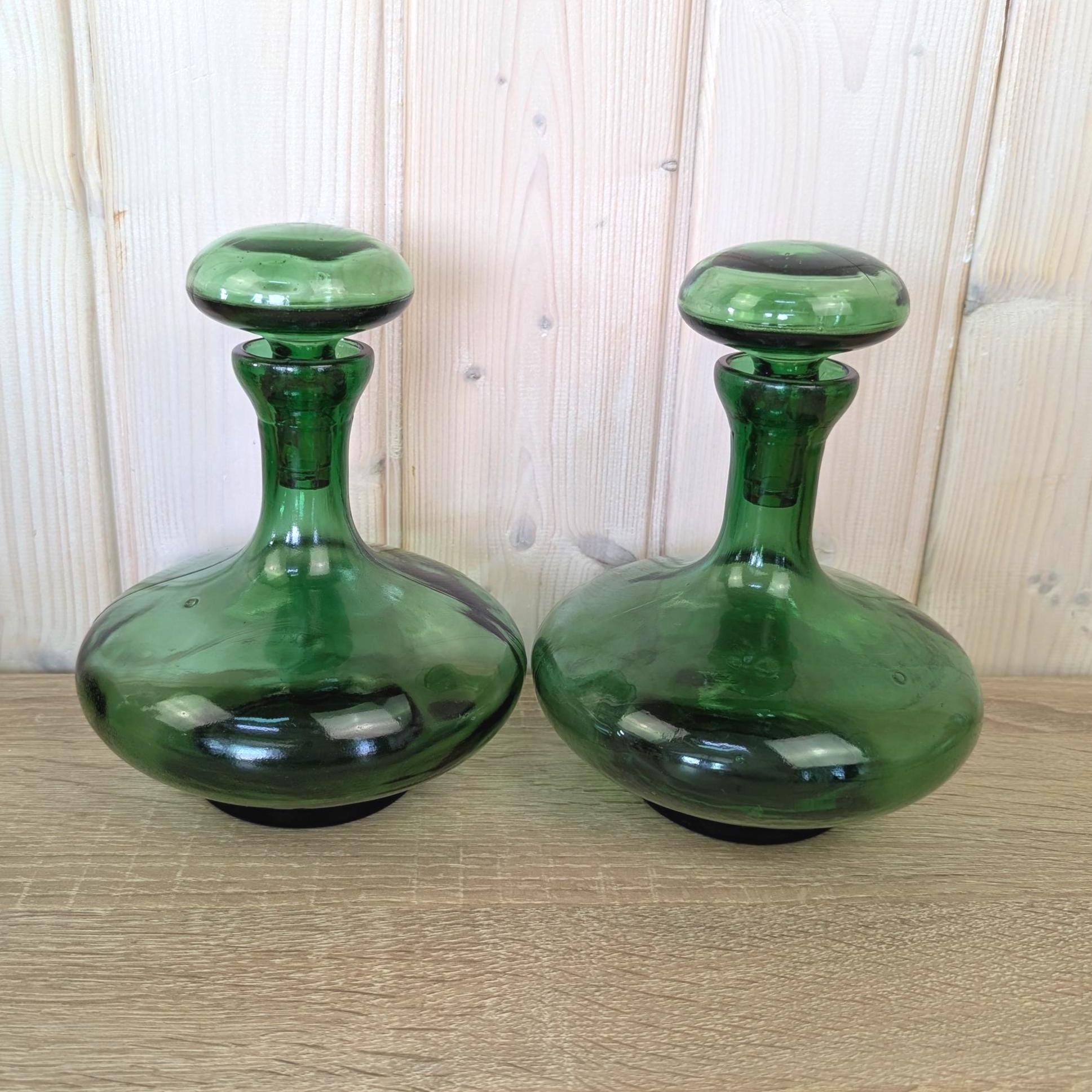 Empoli Green Glass Decanter Set with Stoppers and Wicker Basket Carrier, Italy 1960s