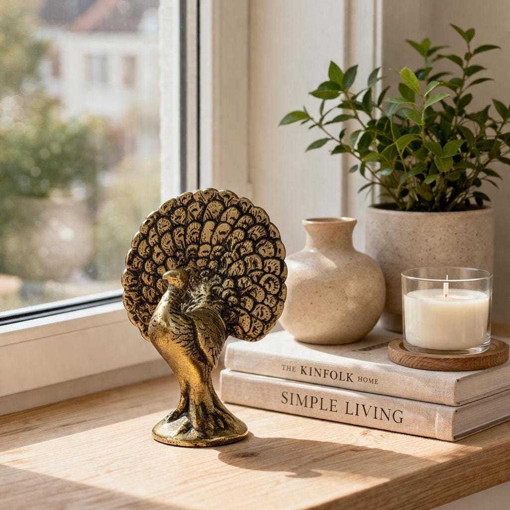 Vintage Brass Peacock Figurine, Cast Brass Fan Tail, Boho Shelf Decor, 1970s