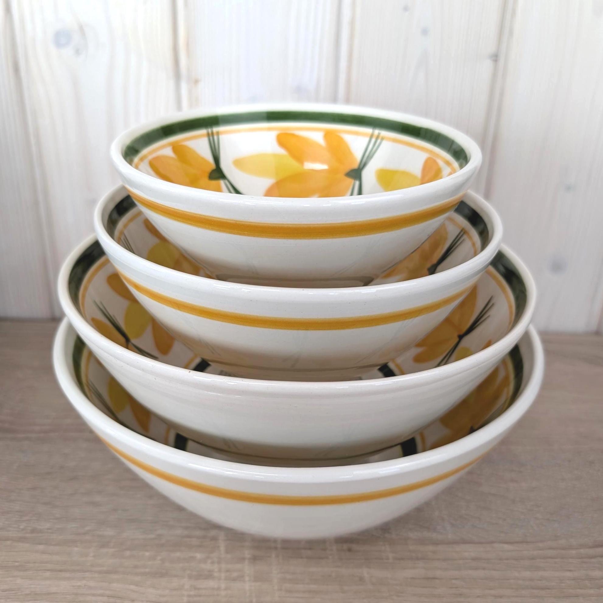 Very Rare Schramberg SMF Ginster Ceramic Nesting Bowl Set of 4, Vintage 1960s West German Hand-Painted Pottery,  Orange Floral