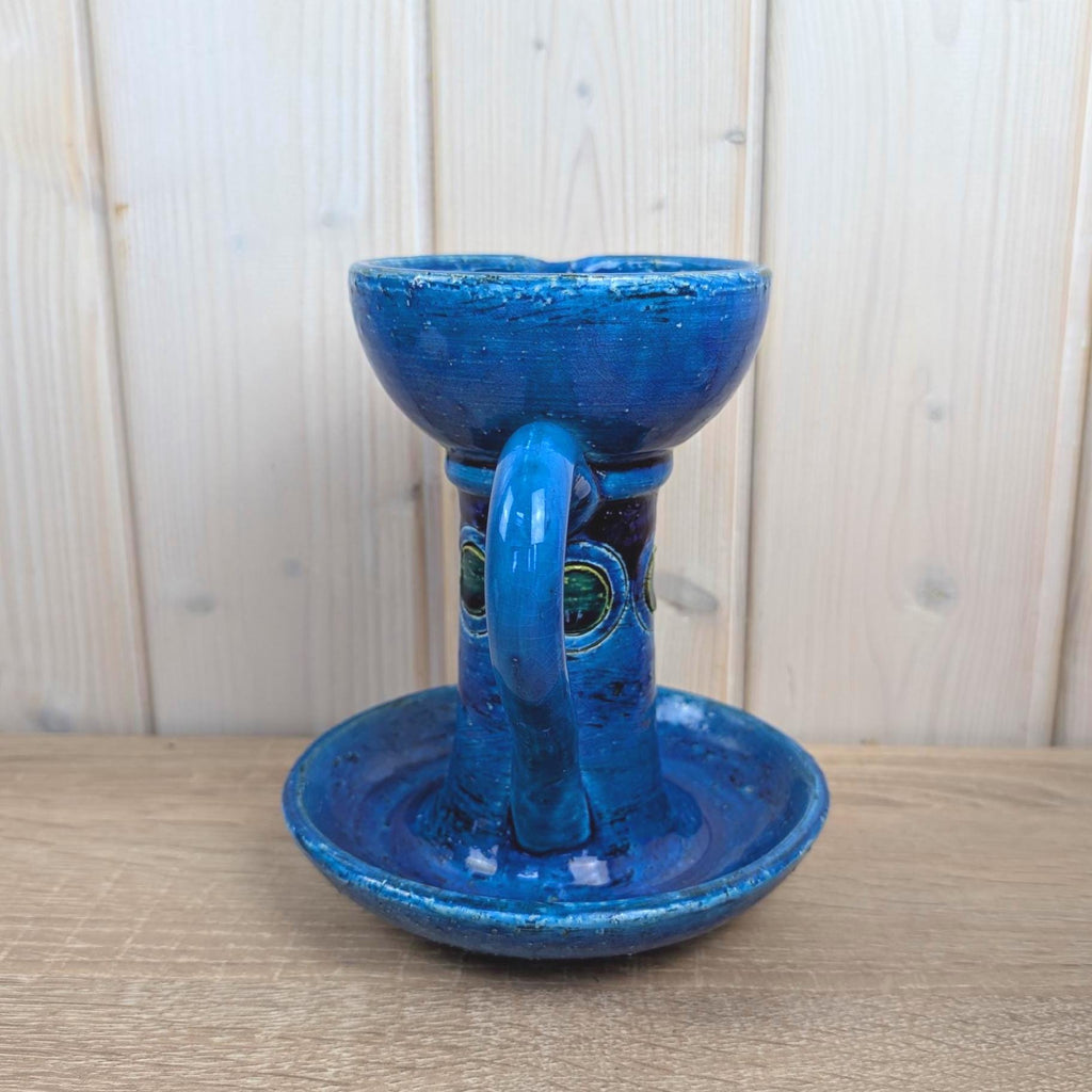 Bitossi Ikano Blue Chamberstick Candle Holder, Aldo Londi, Made in Italy, 1960s