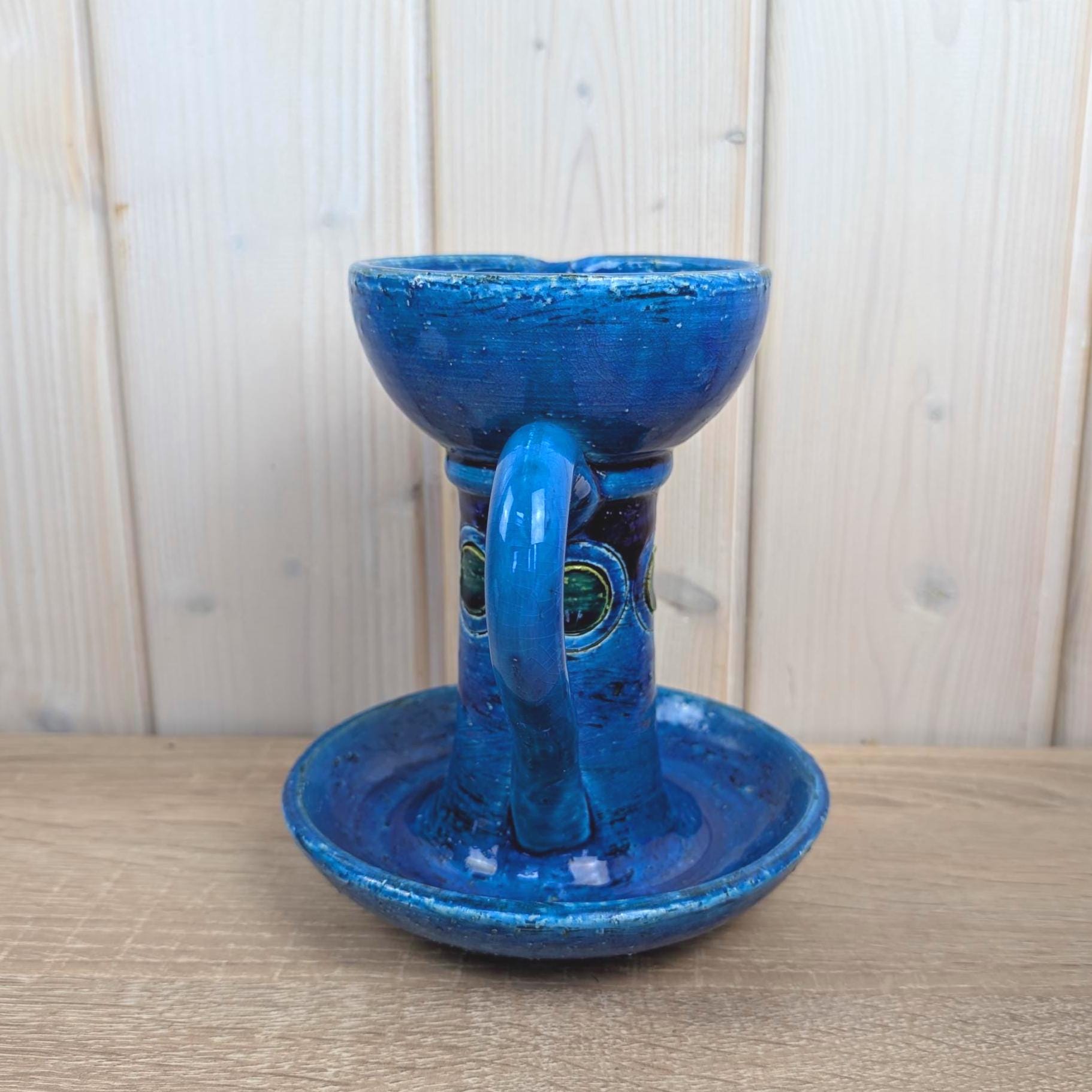 Bitossi Ikano Blue Chamberstick Candle Holder, Aldo Londi, Made in Italy, 1960s