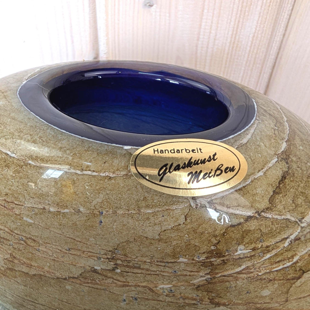 Glaskunst Meißen Handmade Glass Vase Stone Effect Cobalt Blue, Germany 1970s
