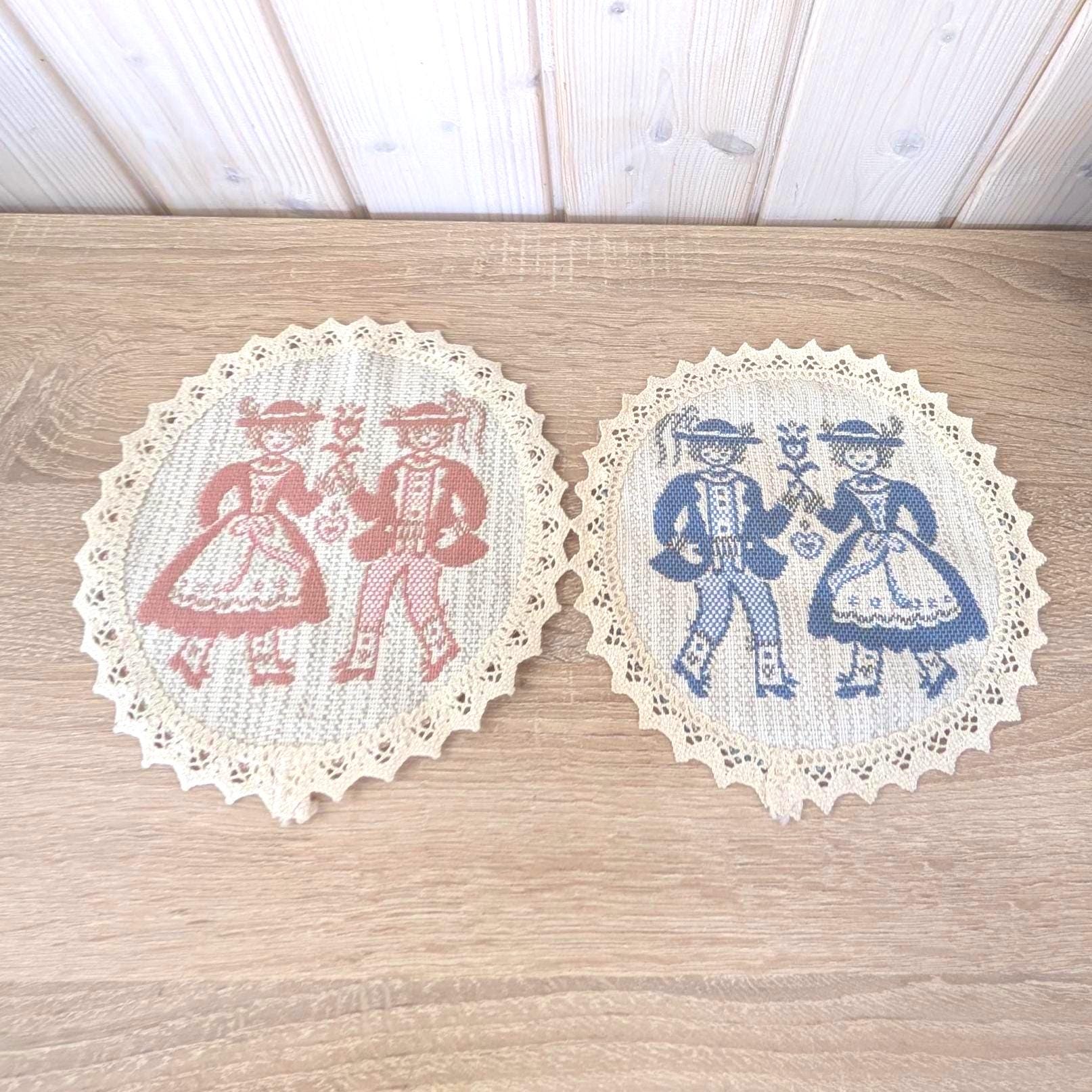 Vintage Alpine Folk Costume Doily Set, Linen Lace Coasters Tracht Couple, Austrian German Folk Art, 1960s