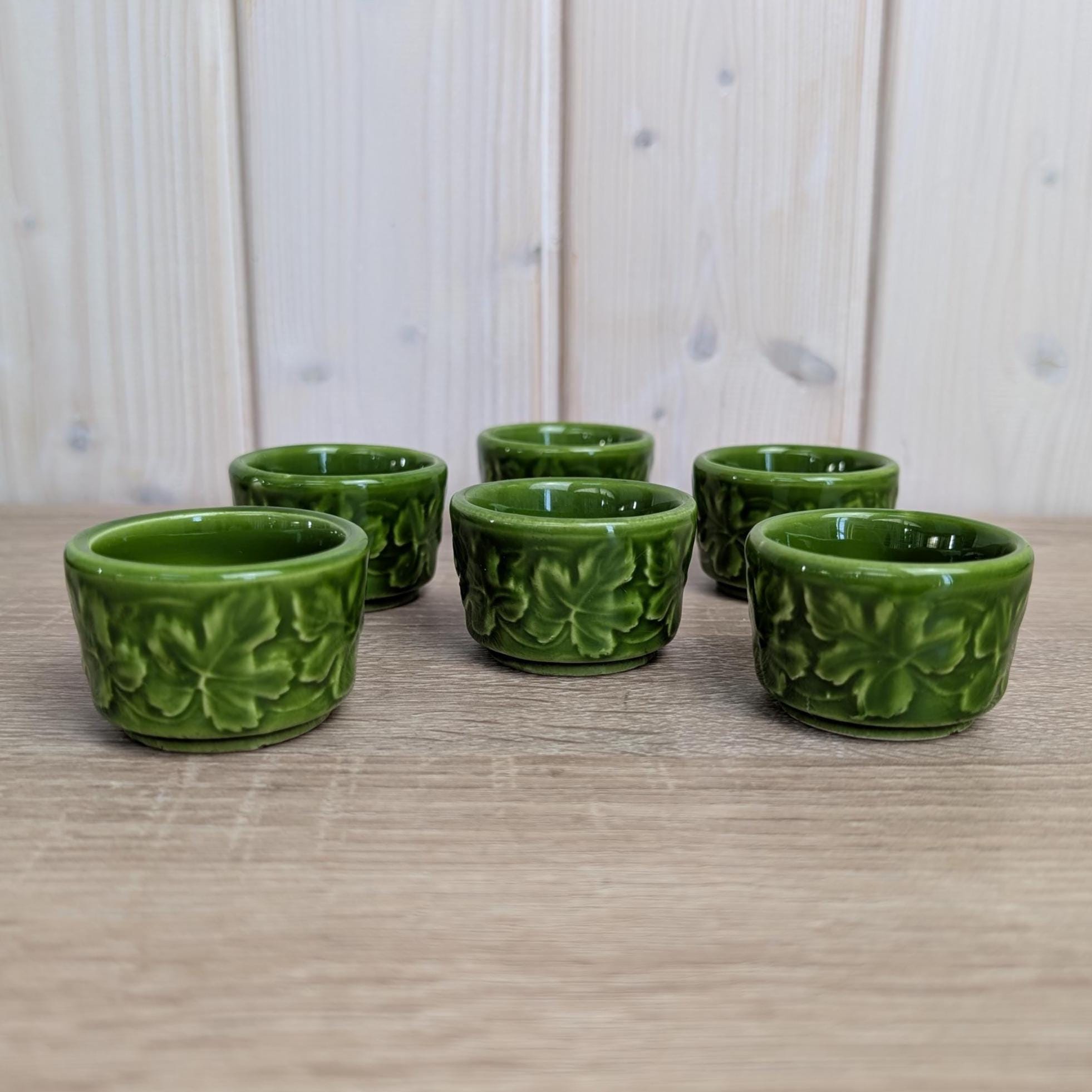 Green Ceramic Egg Cup Set, Leaf Tray with Cutlery, Vintage Kitchen Decor, 1970s