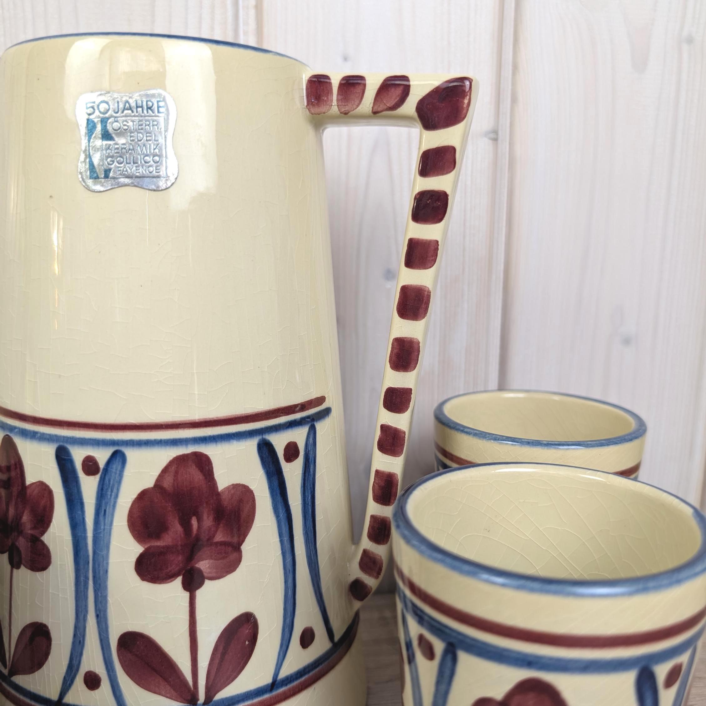 Vintage Gollico Austria ceramic pitcher set, hand painted floral design, 1960s pottery