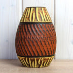 Akru Klinker 18-17 Vase West Germany, Mid Century Ceramic, Carved Geometric Decor Brown Yellow Pottery